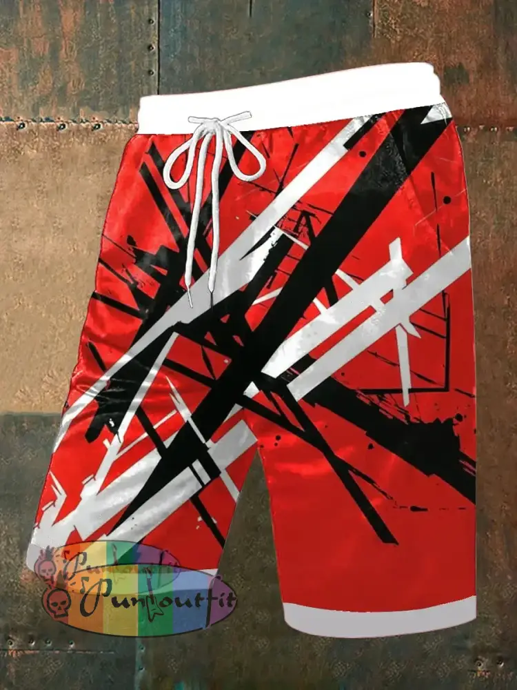 Men’s Vintage Punk VH Rock Red Guitar Grain Abstract Print Casual Pocket Drawstring Shorts