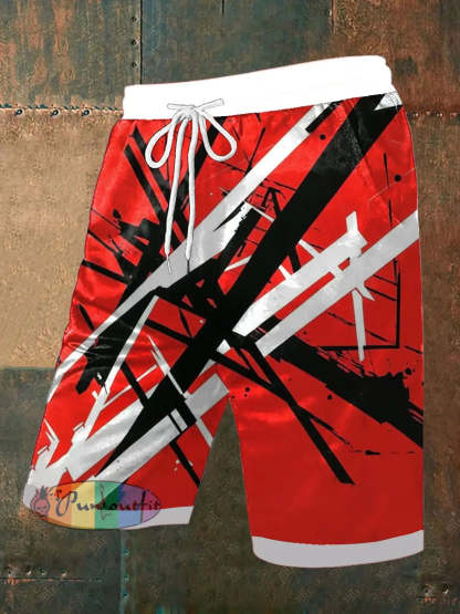 Men’s Vintage Punk VH Rock Red Guitar Grain Abstract Print Casual Pocket Drawstring Shorts