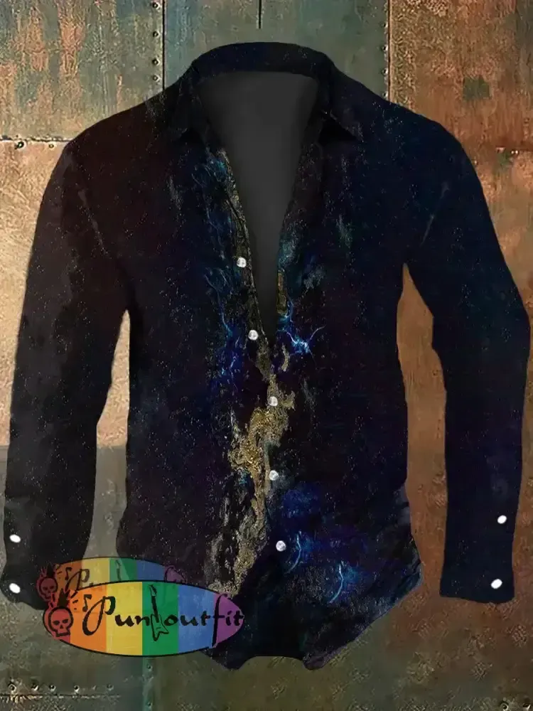 Men’s Vintage Ripple Foil Stamping Abstract Print Casual Long Sleeve Shirt Navy Blue / S