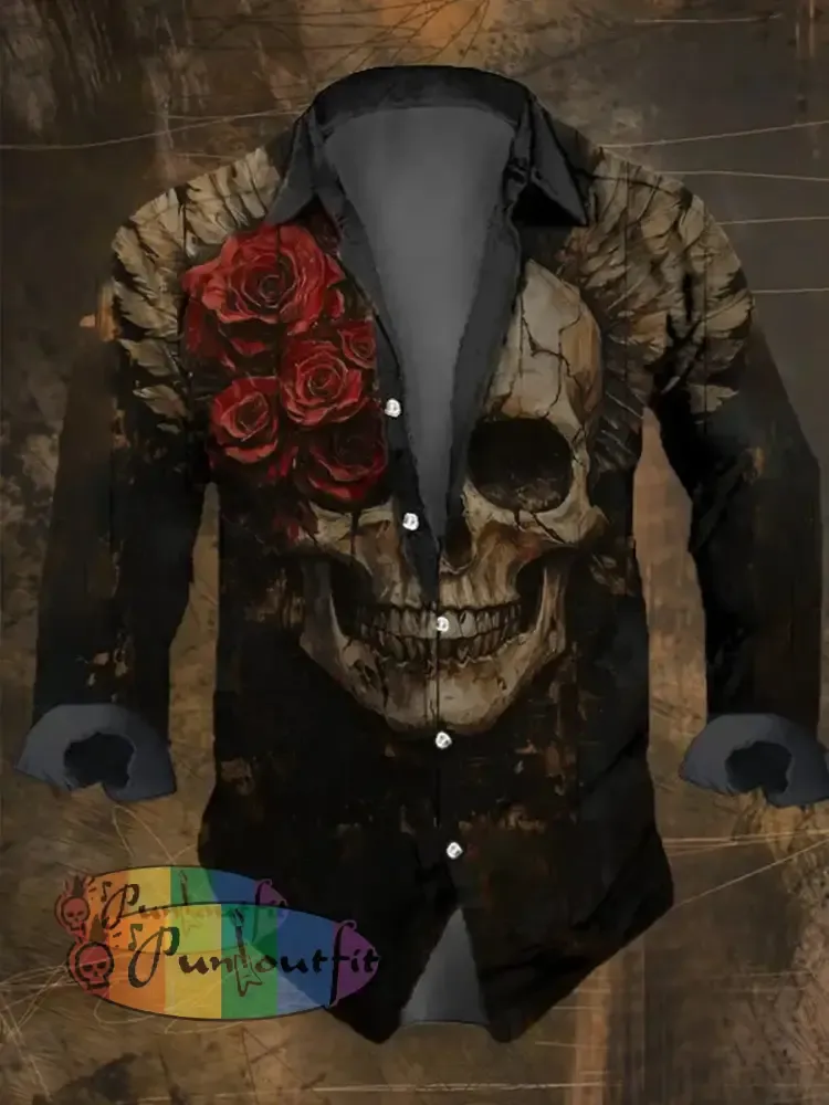 Men’s Vintage Rose Skull Print Long Sleeve Shirt Multicolor / S
