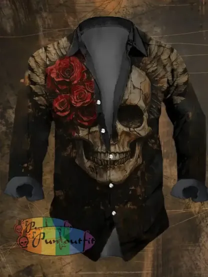 Men’s Vintage Rose Skull Print Long Sleeve Shirt Multicolor / S