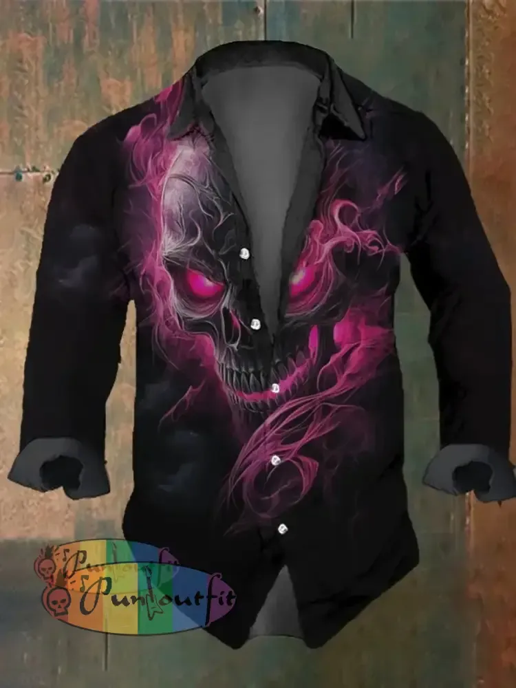 Men’s Vintage Skull Misty Print Long Sleeve Shirt Multicolor / S