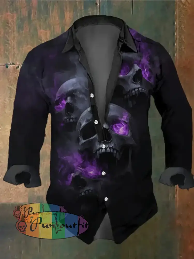 Men’s Vintage Skull Misty Print Long Sleeve Shirt Multicolor / S