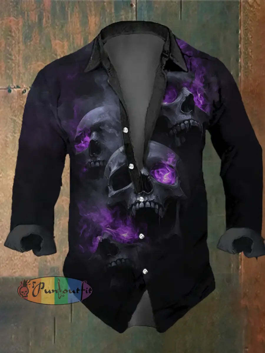 Men’s Vintage Skull Misty Print Long Sleeve Shirt Multicolor / S