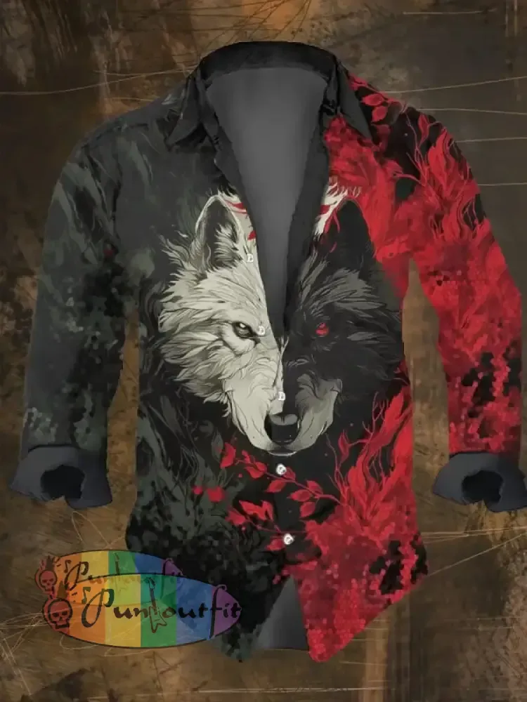 Men’s Vintage Skull Print Lapel Long Sleeve Shirt Multicolor / S