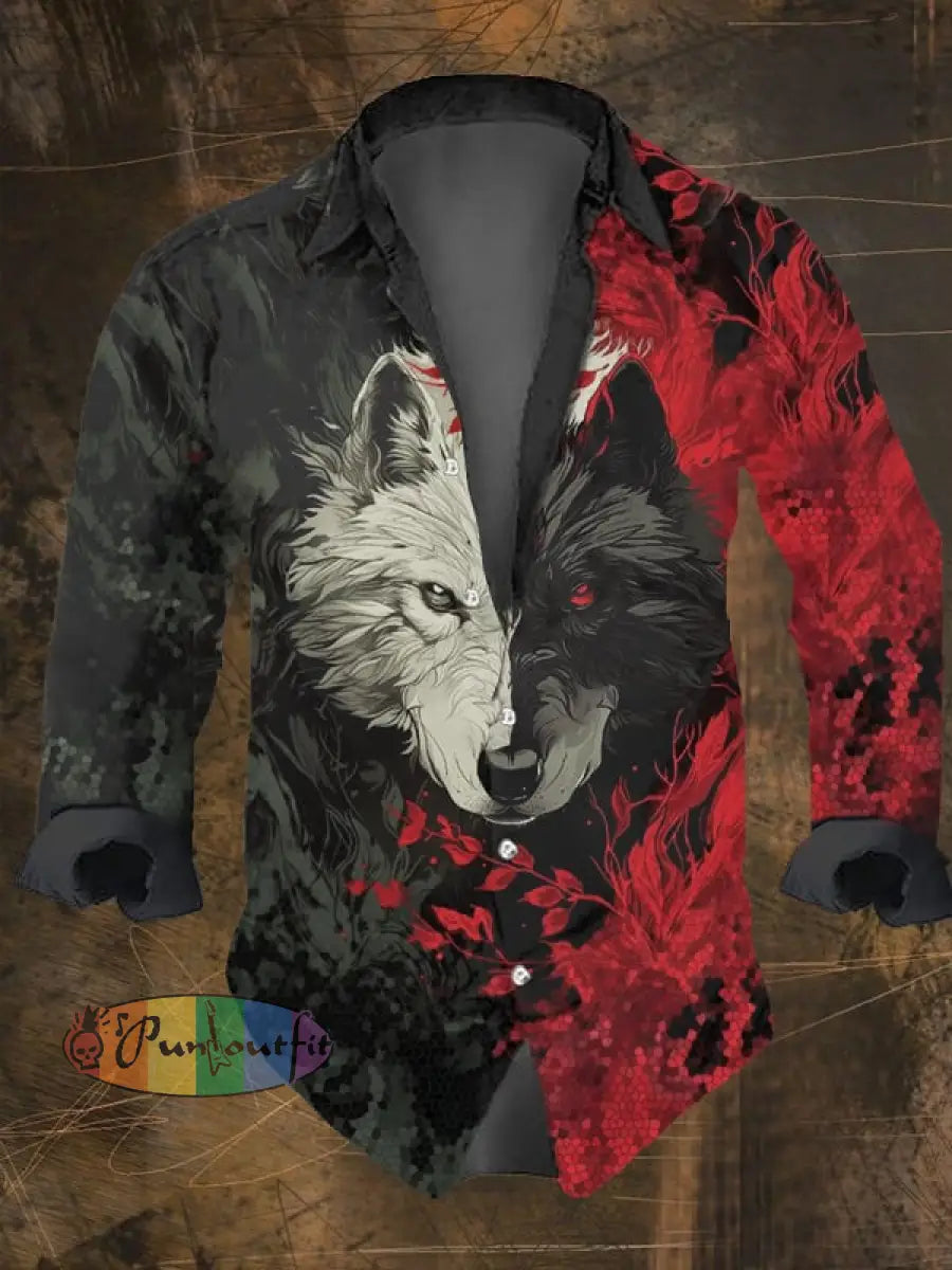 Men’s Vintage Skull Print Lapel Long Sleeve Shirt Multicolor / S