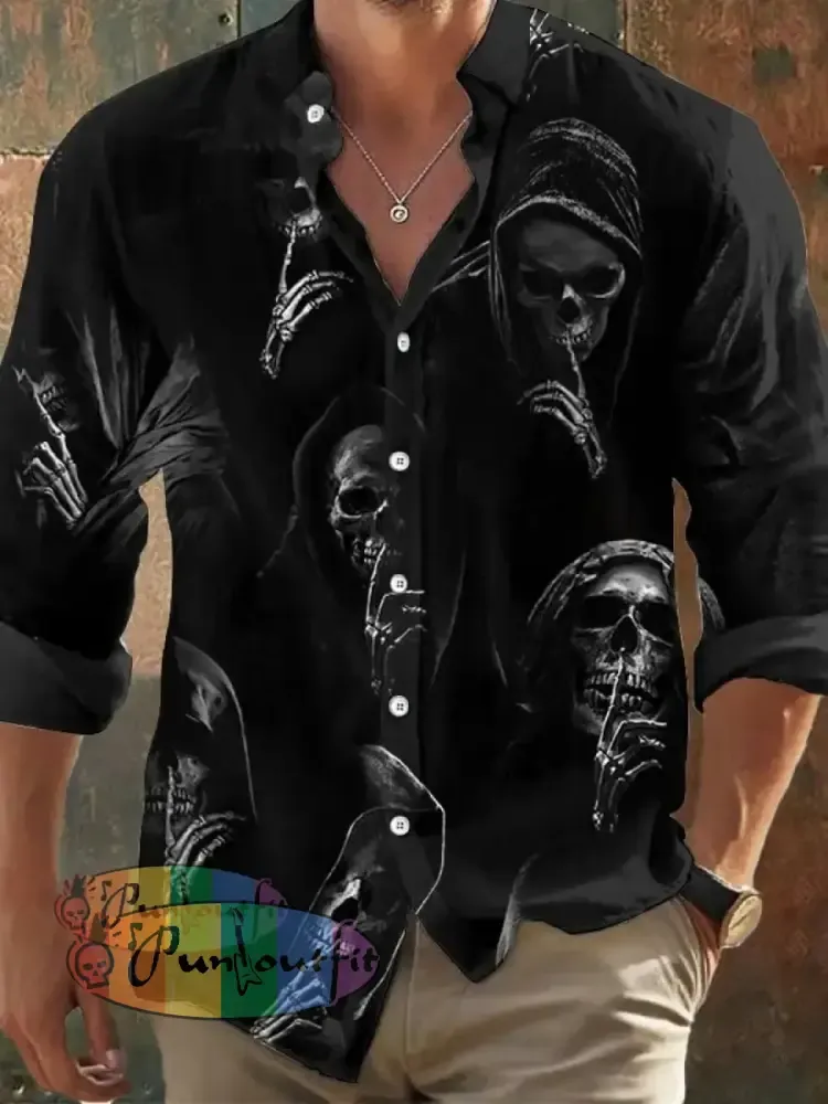 Men’s Vintage Skull Print Lapel Shirt As Shown / S Hot