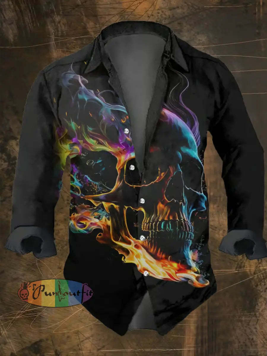 Men’s Vintage Skull Print Long Sleeve Shirt Multicolor / S