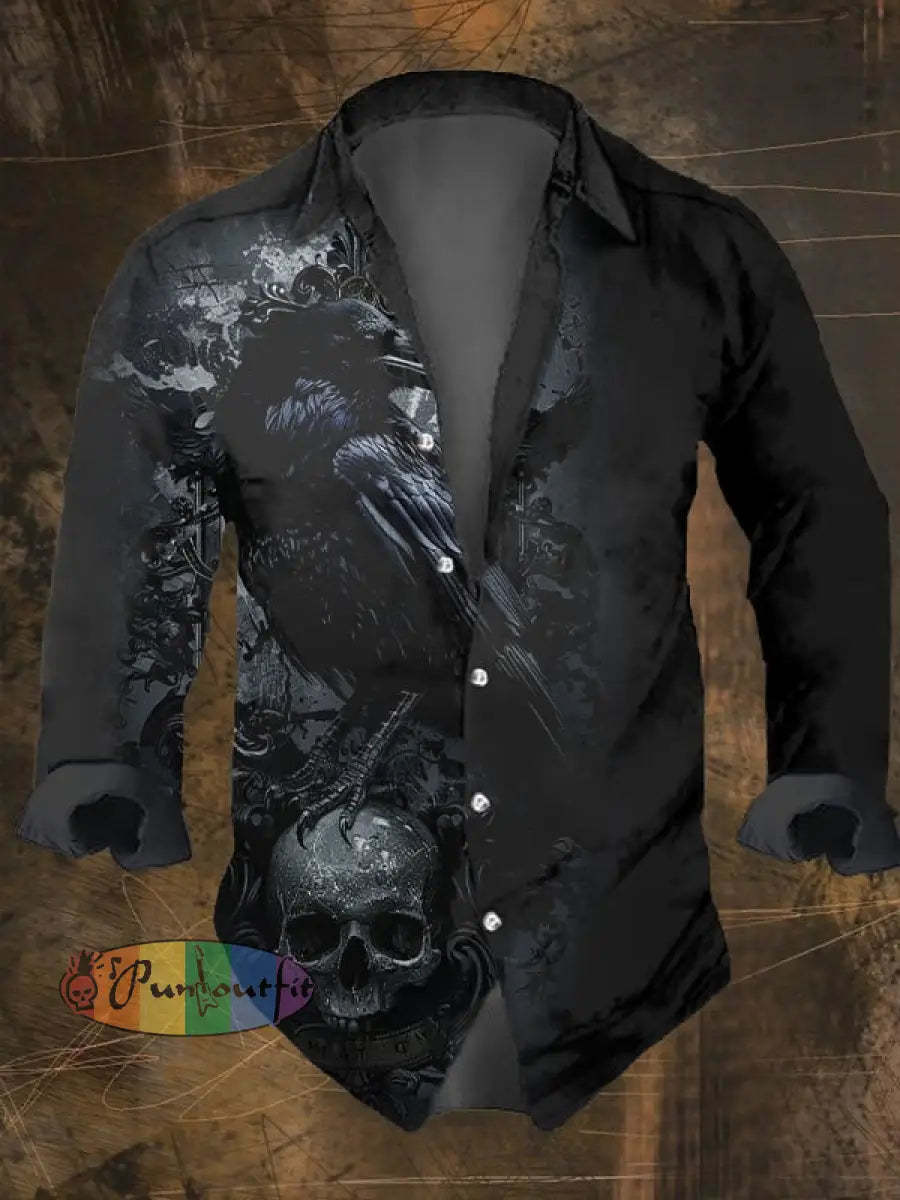 Men’s Vintage Skull Print Long Sleeve Shirt Multicolor / S