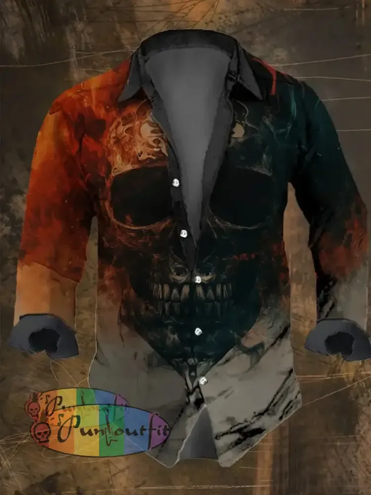 Men’s Vintage Skull Print Long Sleeve Shirt Multicolor / S