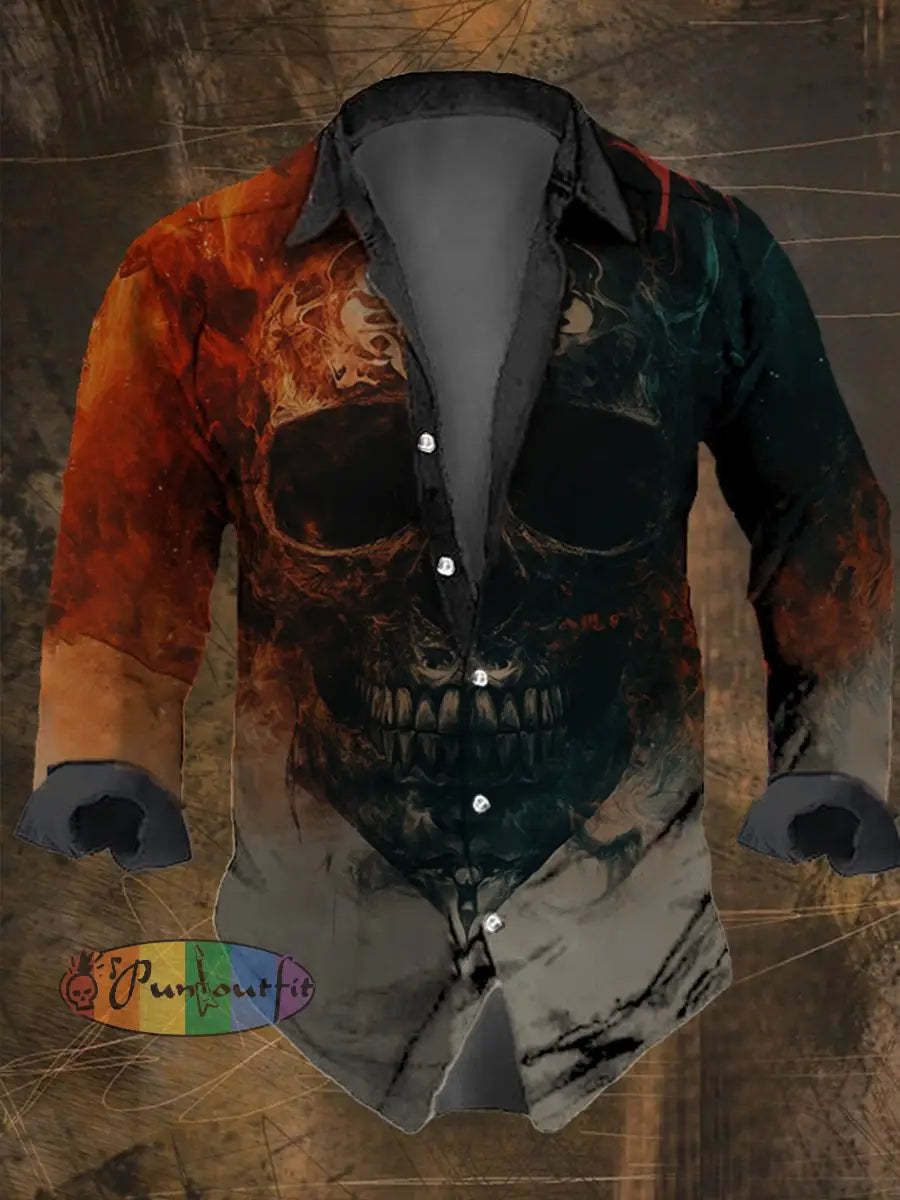 Men’s Vintage Skull Print Long Sleeve Shirt Multicolor / S