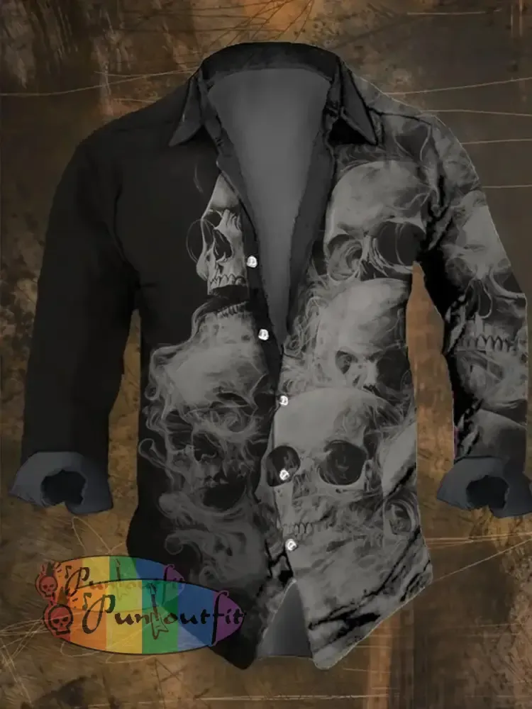 Men’s Vintage Smoke Skull Print Long Sleeve Shirt Multicolor / S