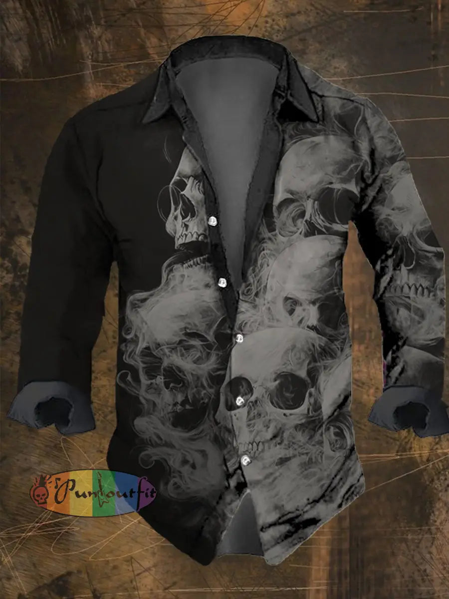 Men’s Vintage Smoke Skull Print Long Sleeve Shirt Multicolor / S