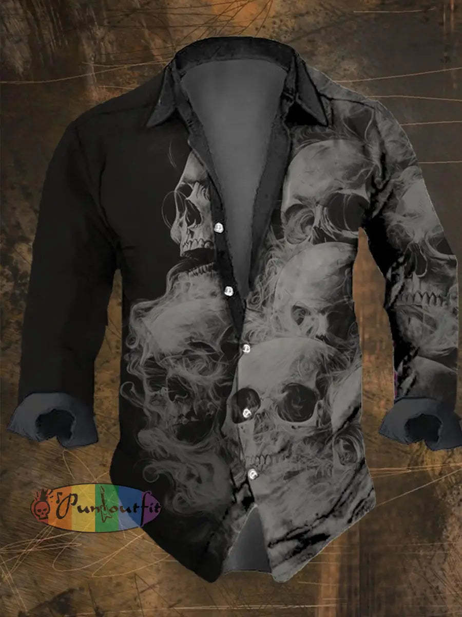 Men’s Vintage Smoke Skull Print Long Sleeve Shirt Multicolor / S