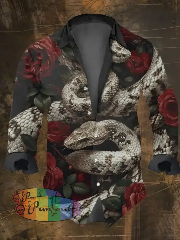 Men’s Vintage Snake Print Long Sleeve Shirt Multicolor / S