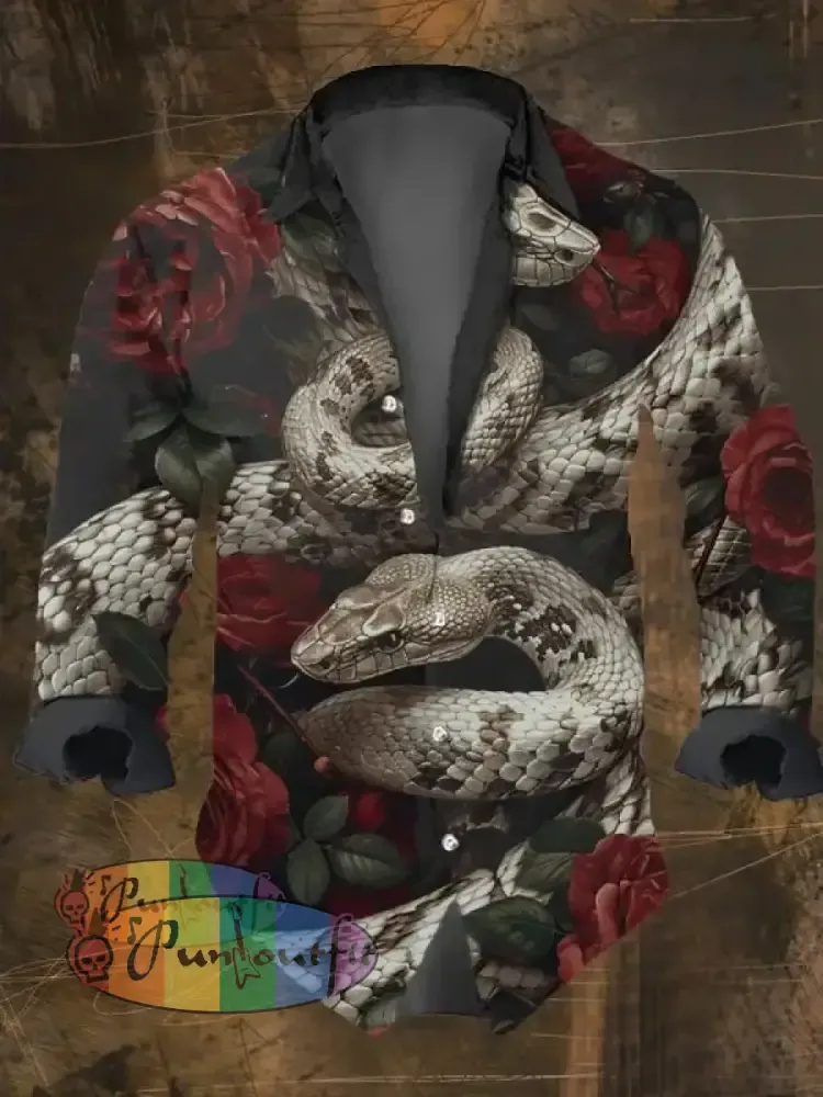 Men’s Vintage Snake Print Long Sleeve Shirt Multicolor / S