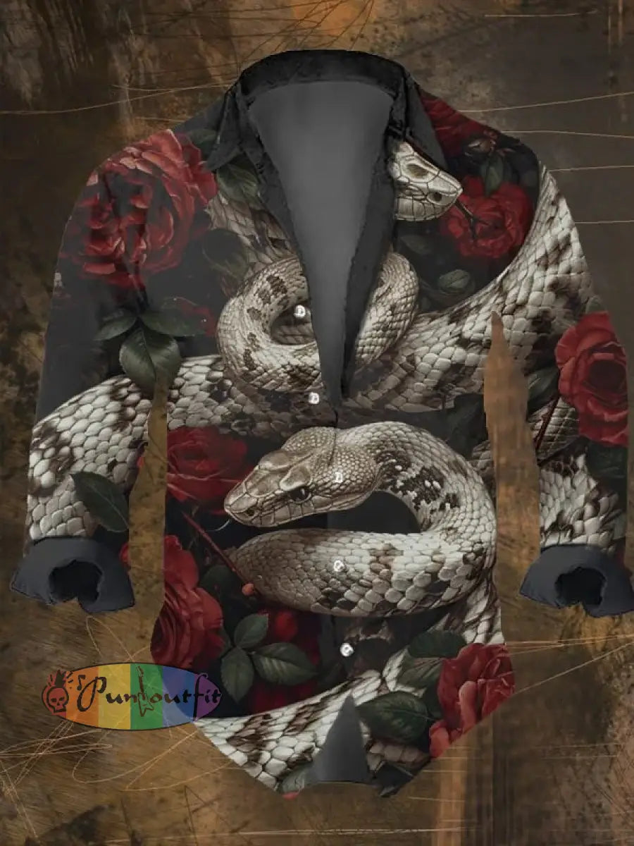 Men’s Vintage Snake Print Long Sleeve Shirt Multicolor / S