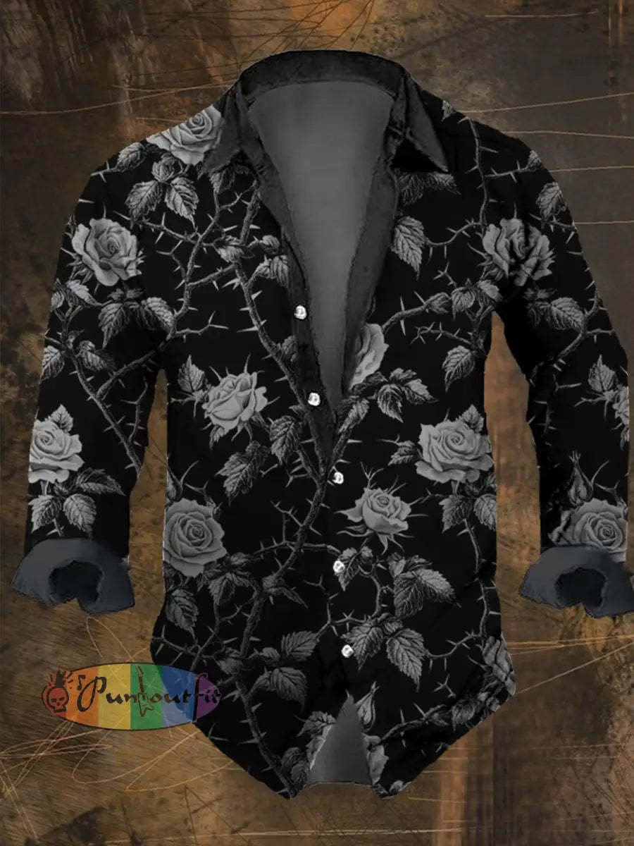 Men’s Vintage Thorn Rose Print Long Sleeve Shirt Multicolor / S