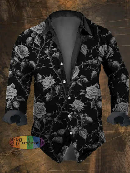 Men’s Vintage Thorn Rose Print Long Sleeve Shirt Multicolor / S