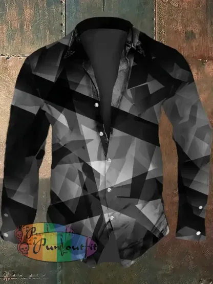 Men’s Vintage VH Festival Lightning Guitar Grain Abstract Print Casual Long Sleeve Shirt