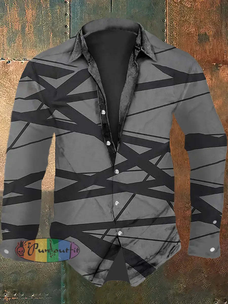 Men’s Vintage VH Guitar Grey Line Abstract Print Casual Long Sleeve Shirt Gray / S