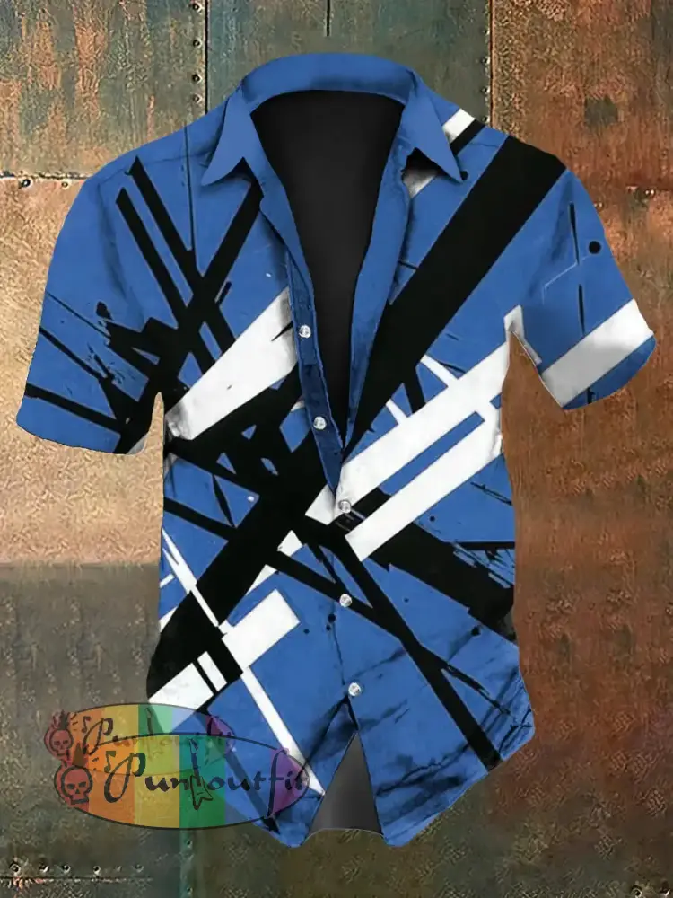 Men’s Vintage VH Guitar Line Illustration Abstract Print Casual Cotton Short Sleeve Shirt Short Sleeve Shirt-Blue / S