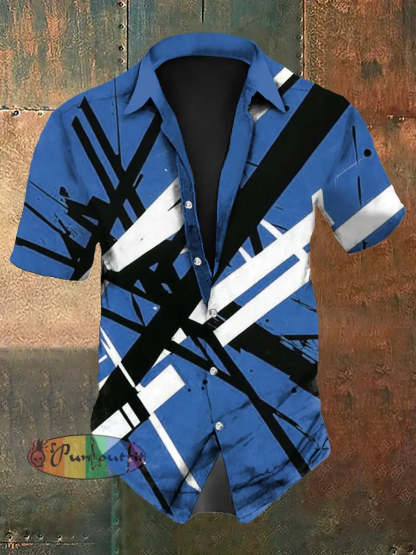 Men’s Vintage VH Guitar Line Illustration Abstract Print Casual Cotton Short Sleeve Shirt Short Sleeve Shirt-Blue / S