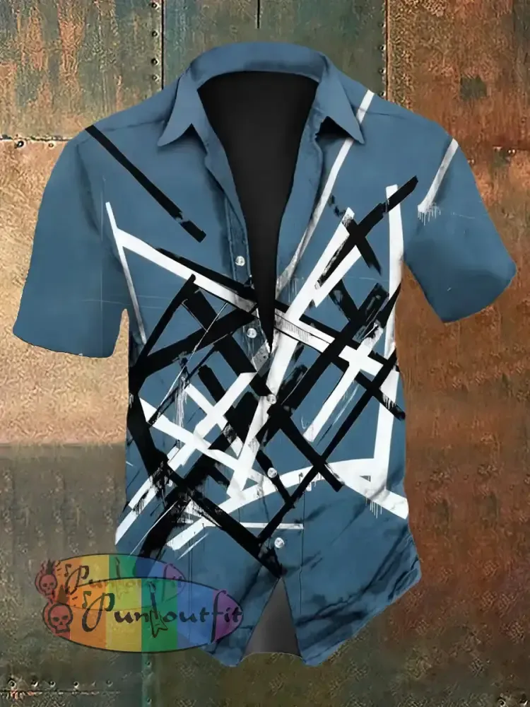 Men’s Vintage VH Guitar Line Illustration Abstract Print Casual Cotton Short Sleeve Shirt Short Sleeve Shirt-Blue / S
