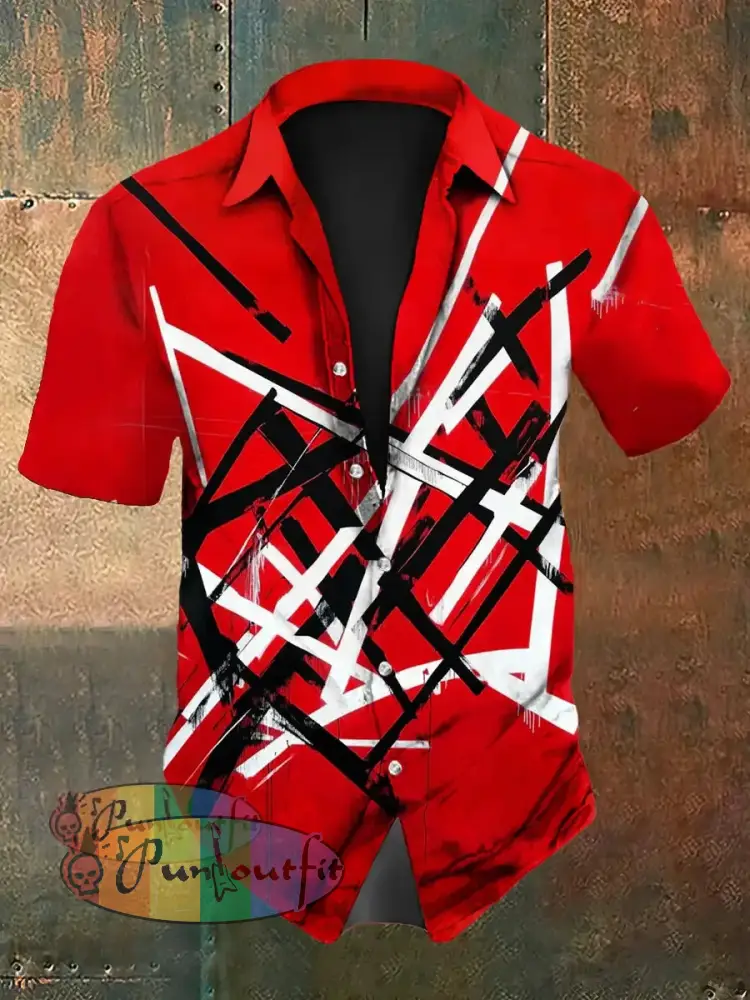 Men’s Vintage VH Guitar Line Illustration Abstract Print Casual Cotton Short Sleeve Shirt Short Sleeve Shirt-Deep Red