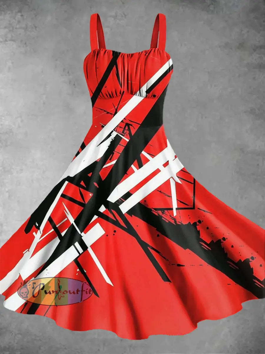 Men’s Vintage VH Guitar Line Illustration Abstract Print Casual Cotton Short Sleeve Shirt Dress / S