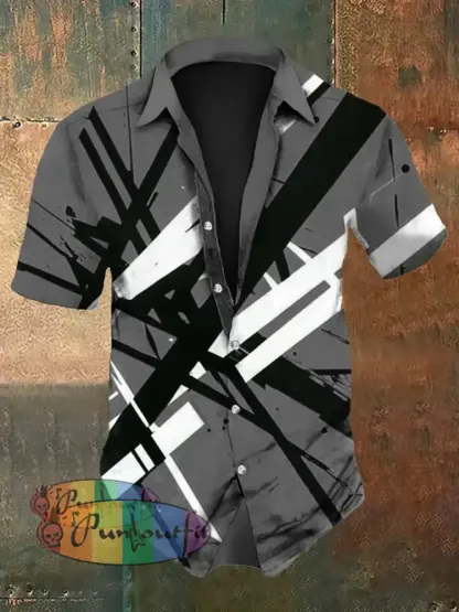 Men’s Vintage VH Guitar Line Illustration Abstract Print Casual Cotton Short Sleeve Shirt Short Sleeve Shirt-Gray / S