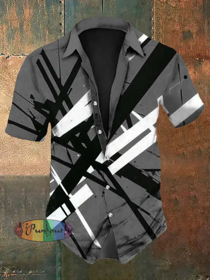 Men’s Vintage VH Guitar Line Illustration Abstract Print Casual Cotton Short Sleeve Shirt Short Sleeve Shirt-Gray / S