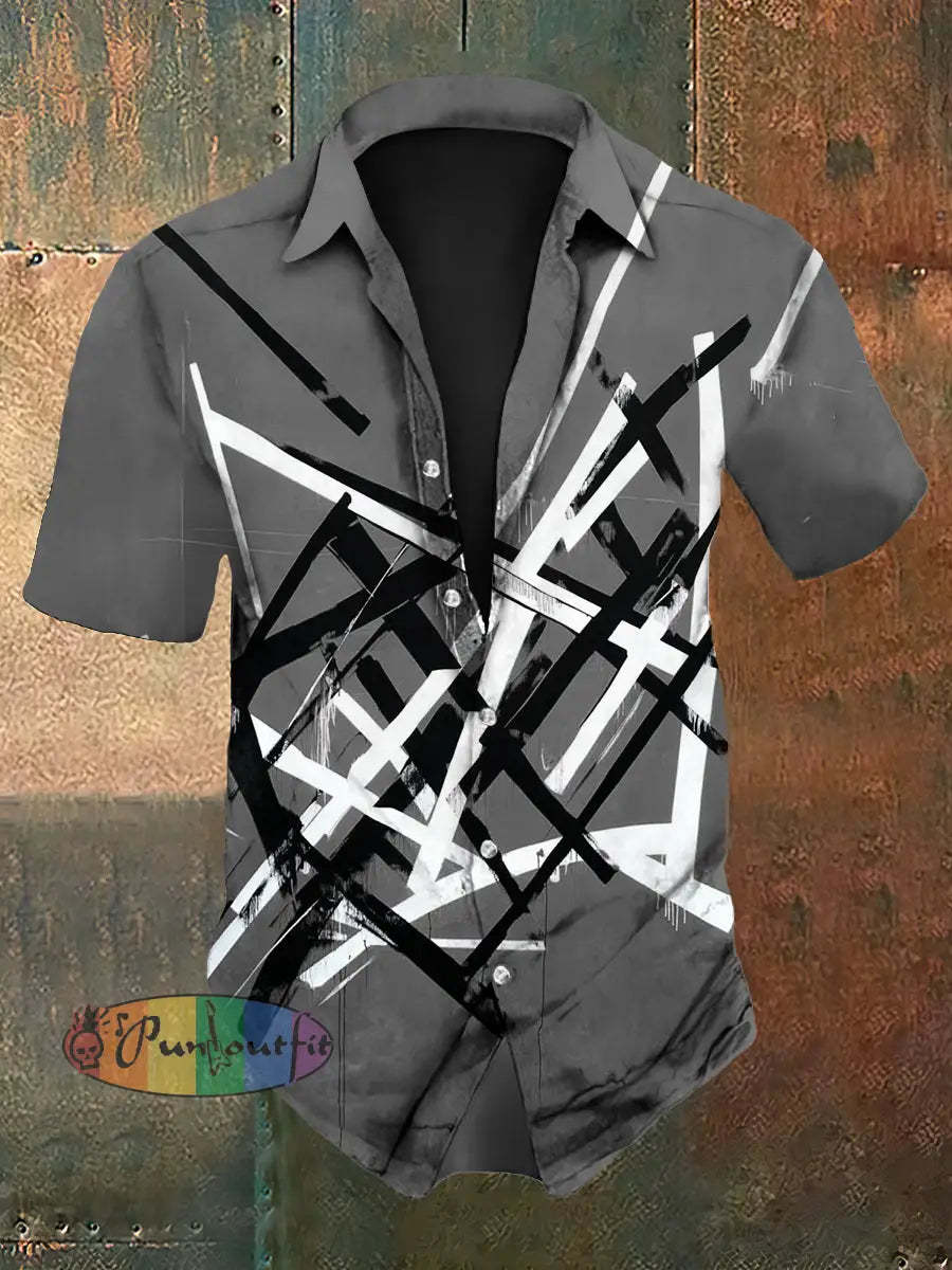 Men’s Vintage VH Guitar Line Illustration Abstract Print Casual Cotton Short Sleeve Shirt Short Sleeve Shirt-Gray / S