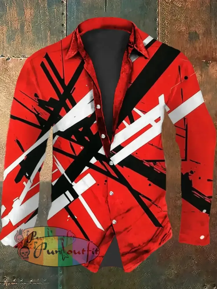 Men’s Vintage VH Guitar Line Illustration Abstract Print Casual Cotton Short Sleeve Shirt Long Sleeve Shirt-Red / S