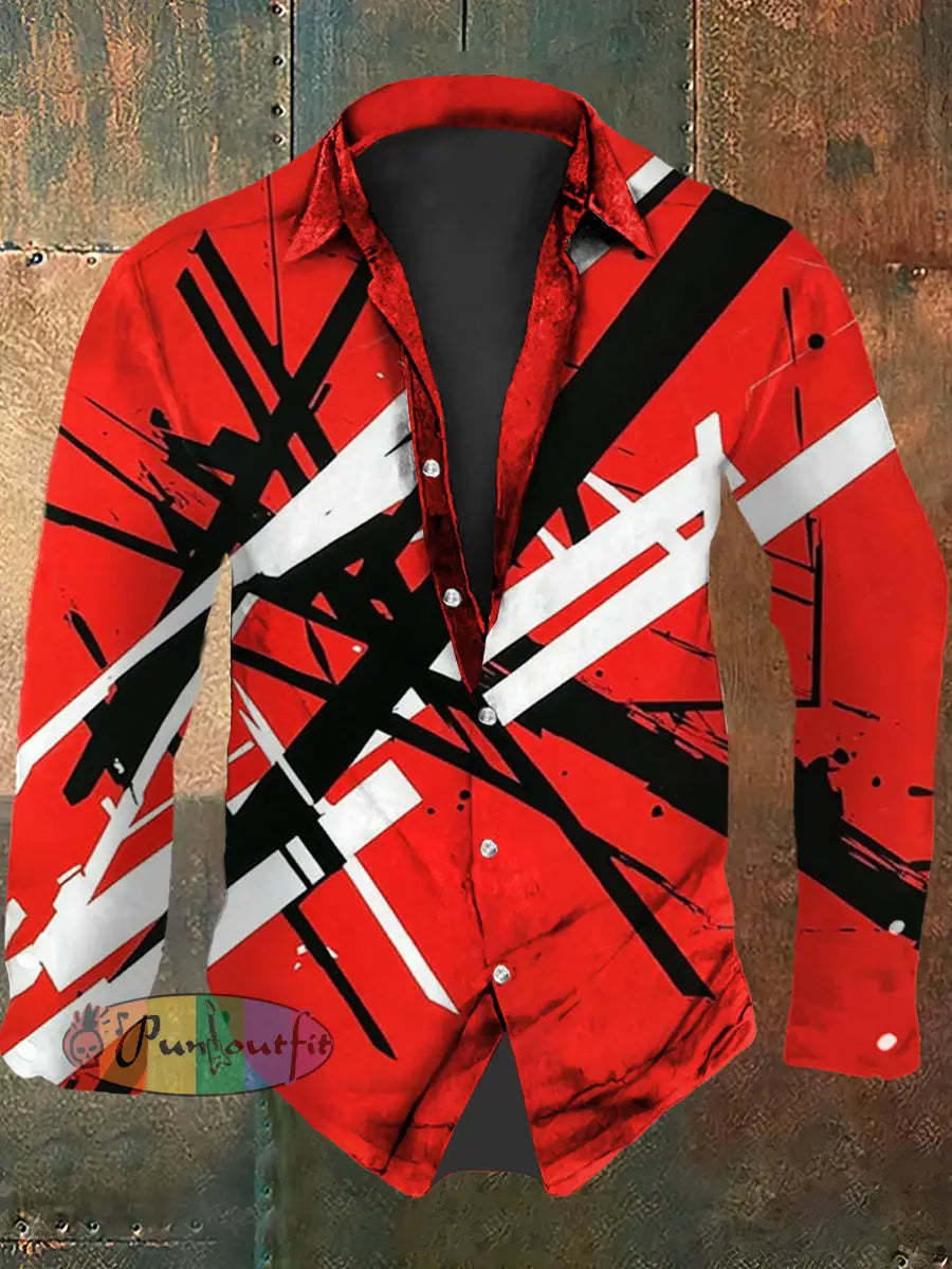 Men’s Vintage VH Guitar Line Illustration Abstract Print Casual Cotton Short Sleeve Shirt Long Sleeve Shirt-Red / S