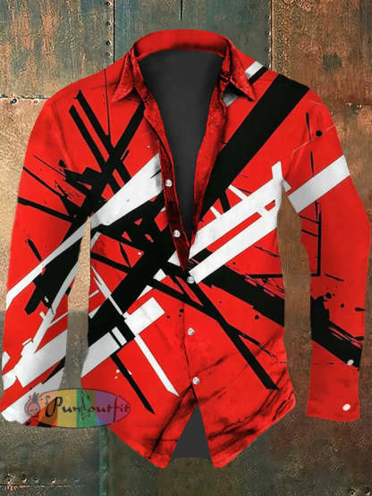 Men’s Vintage VH Guitar Line Illustration Abstract Print Casual Cotton Short Sleeve Shirt Long Sleeve Shirt-Red / S