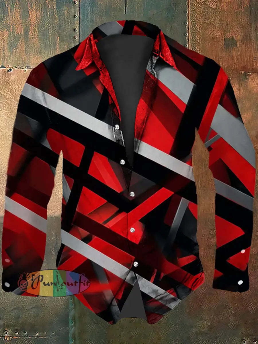 Men’s Vintage VH Guitar Line Illustration Abstract Print Casual Cotton Short Sleeve Shirt Long Sleeve Shirt / S