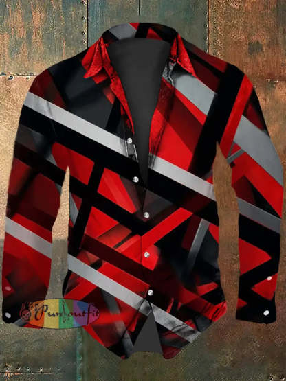 Men’s Vintage VH Guitar Line Illustration Abstract Print Casual Cotton Short Sleeve Shirt Long Sleeve Shirt / S