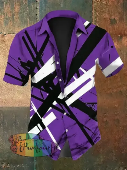 Men’s Vintage VH Guitar Line Illustration Abstract Print Casual Cotton Short Sleeve Shirt Short Sleeve Shirt-Purple / S