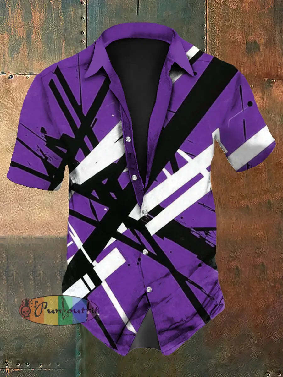 Men’s Vintage VH Guitar Line Illustration Abstract Print Casual Cotton Short Sleeve Shirt Short Sleeve Shirt-Purple / S