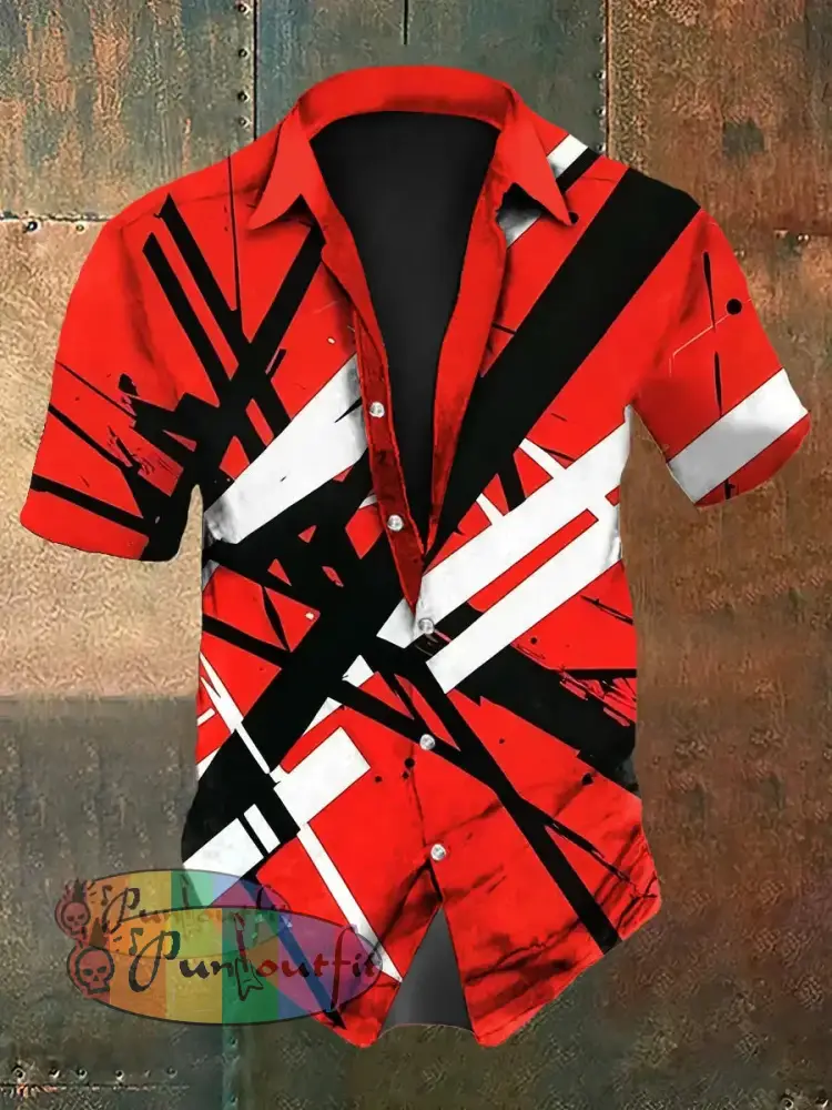 Men’s Vintage VH Guitar Line Illustration Abstract Print Casual Cotton Short Sleeve Shirt Short Sleeve Shirt-Red / S