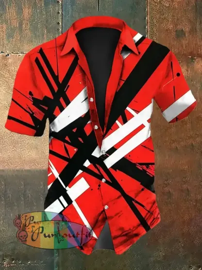 Men’s Vintage VH Guitar Line Illustration Abstract Print Casual Cotton Short Sleeve Shirt Short Sleeve Shirt-Red / S