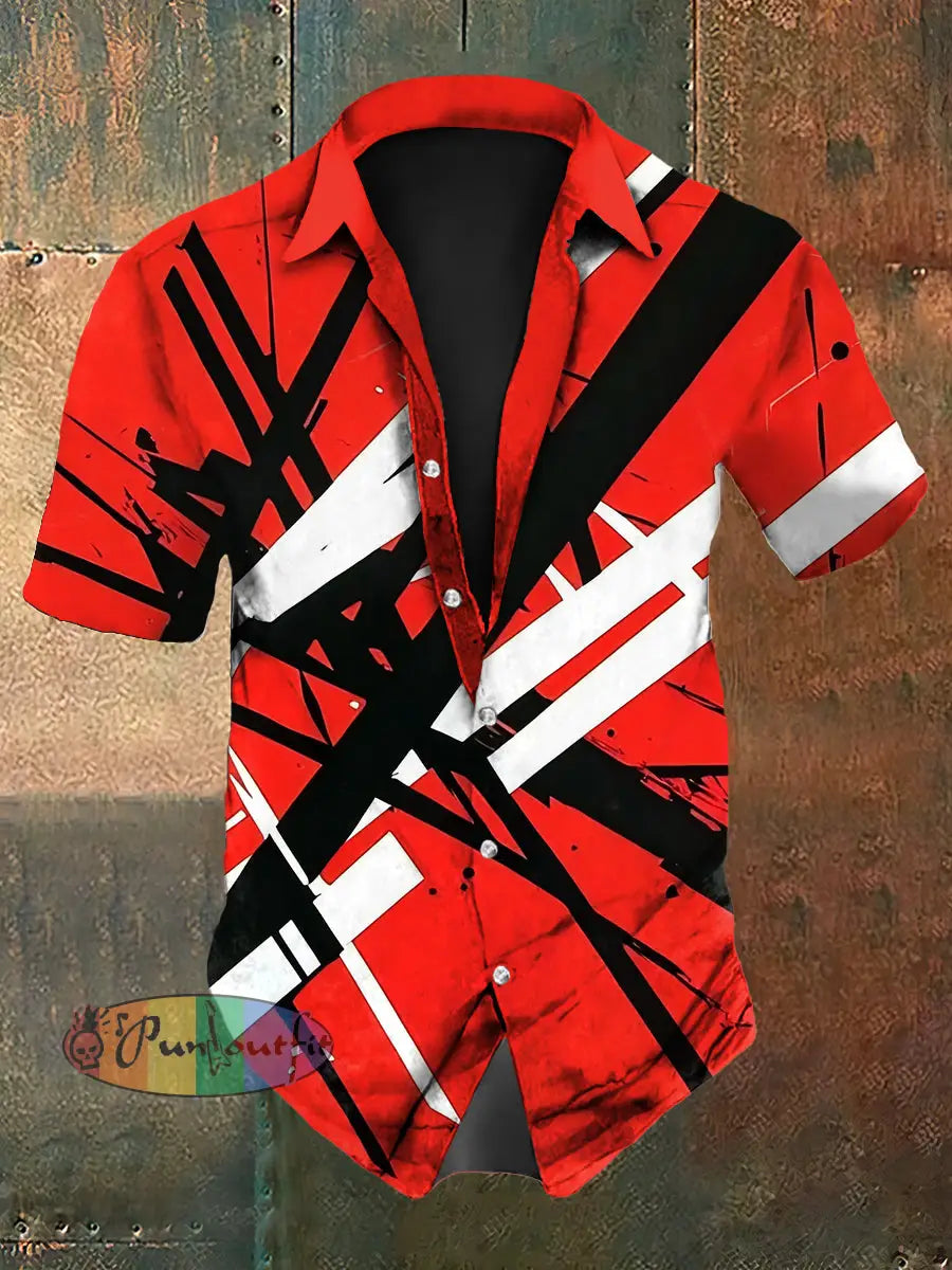 Men’s Vintage VH Guitar Line Illustration Abstract Print Casual Cotton Short Sleeve Shirt Short Sleeve Shirt-Red / S