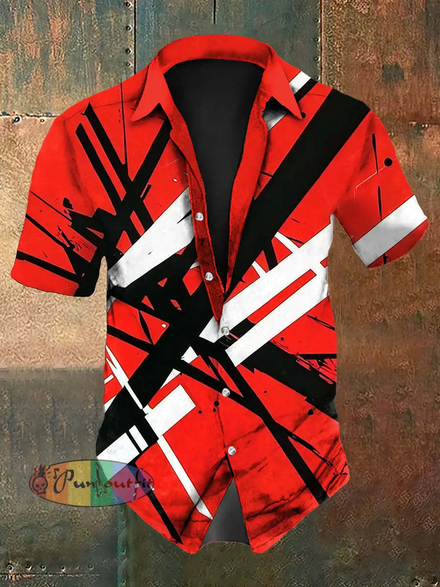 Men’s Vintage VH Guitar Line Illustration Abstract Print Casual Cotton Short Sleeve Shirt Short Sleeve Shirt-Red / S