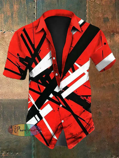 Men’s Vintage VH Guitar Line Illustration Abstract Print Casual Cotton Short Sleeve Shirt Short Sleeve Shirt-Red / S