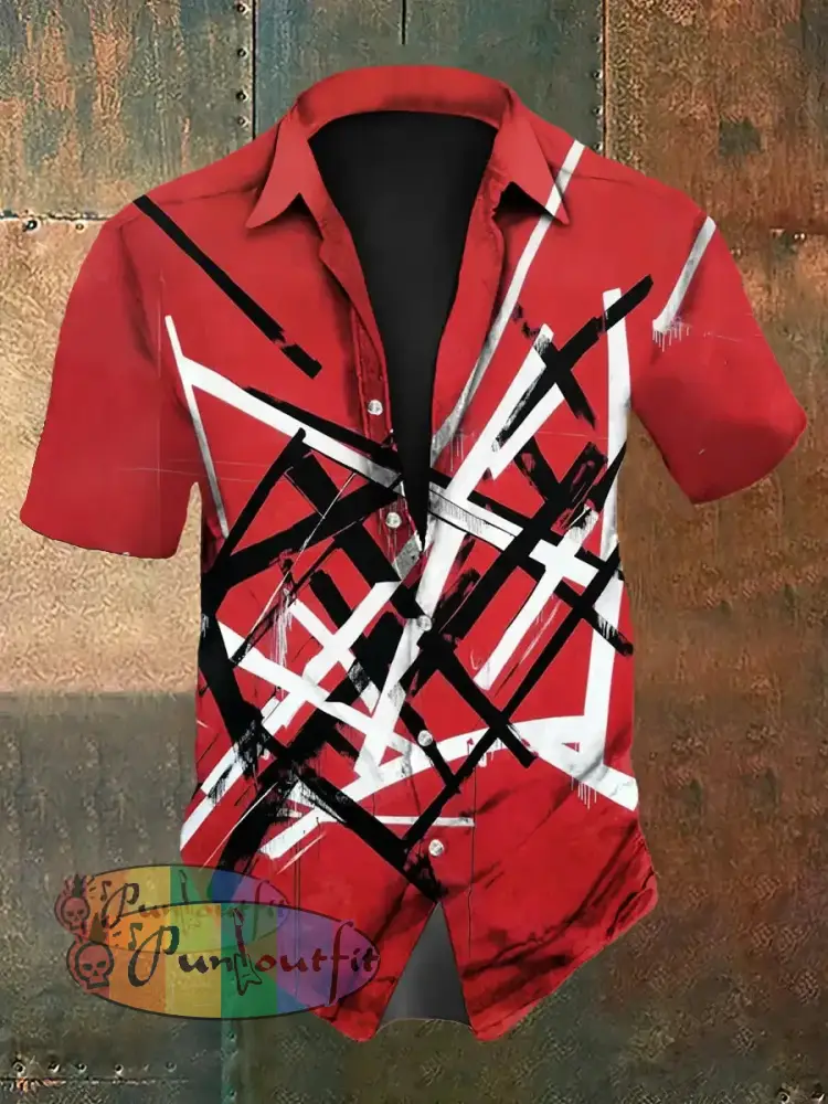 Men’s Vintage VH Guitar Line Illustration Abstract Print Casual Cotton Short Sleeve Shirt