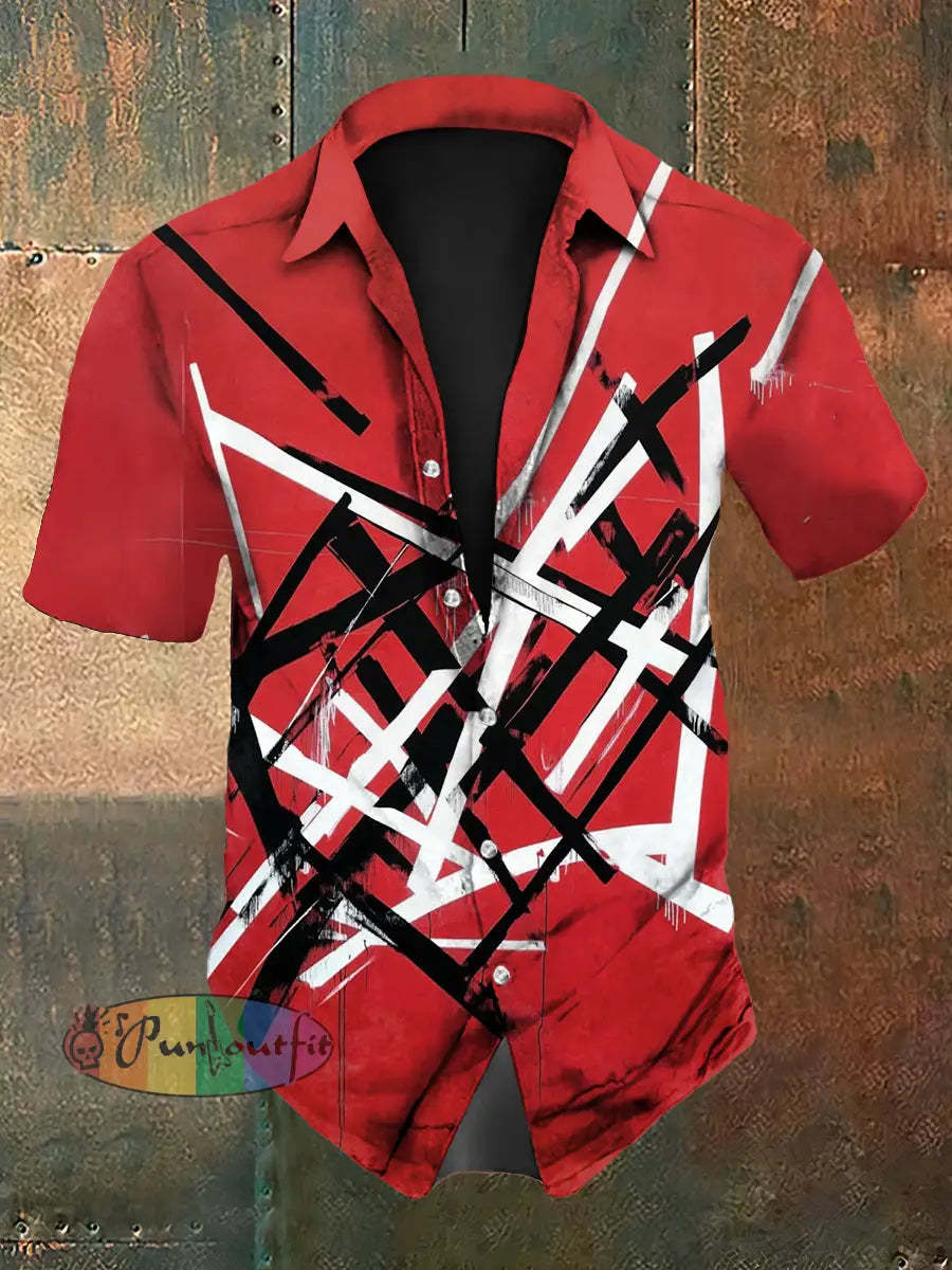 Men’s Vintage VH Guitar Line Illustration Abstract Print Casual Cotton Short Sleeve Shirt
