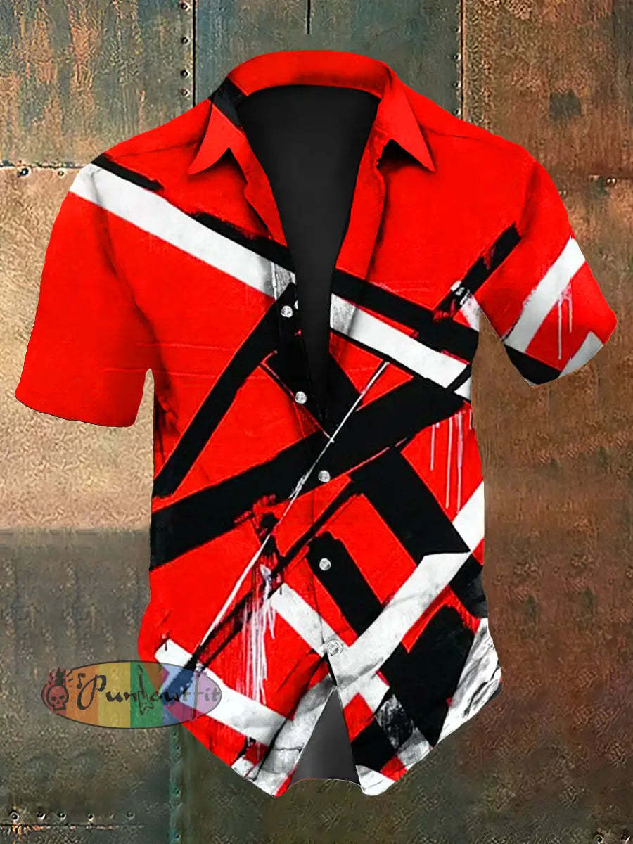 Men’s Vintage VH Guitar Line Illustration Abstract Print Casual Cotton Short Sleeve Shirt Red / S