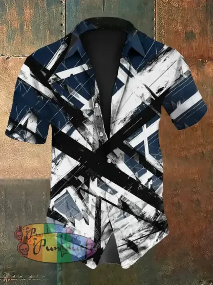 Men’s Vintage VH Guitar Line Illustration Abstract Print Casual Cotton Short Sleeve Shirt