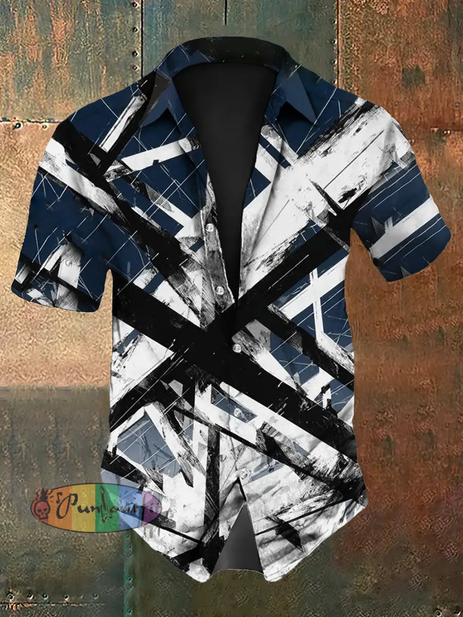 Men’s Vintage VH Guitar Line Illustration Abstract Print Casual Cotton Short Sleeve Shirt